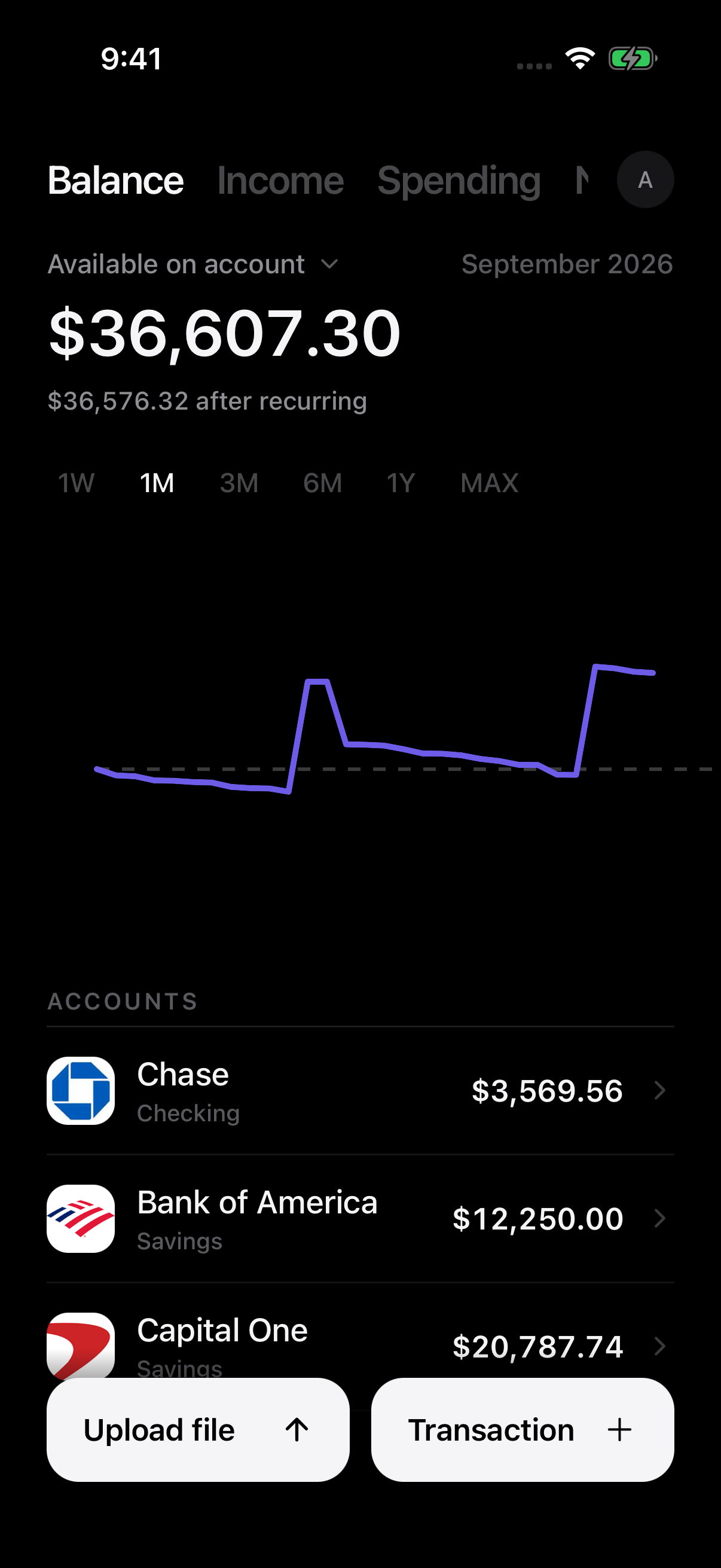 Deco balance screen showing money available across accounts